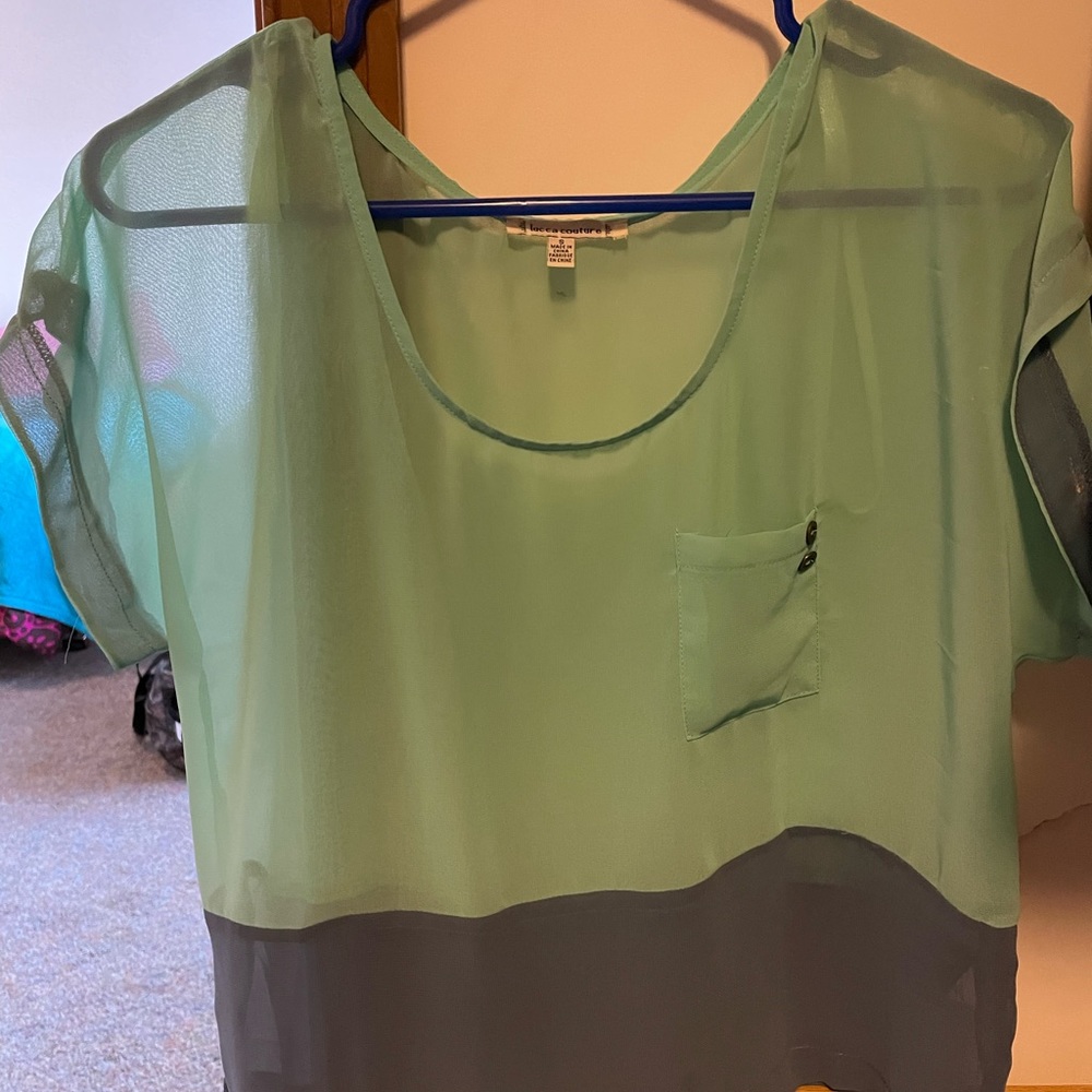 Sheer 2 toned green and blue shirt. Small Lucca Couture.